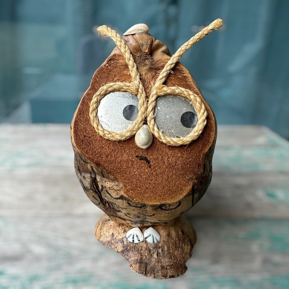 Vintage Folk Art‎ Coconut 8 Inch Owl Shell Accents Handmade Sculpture Rustic